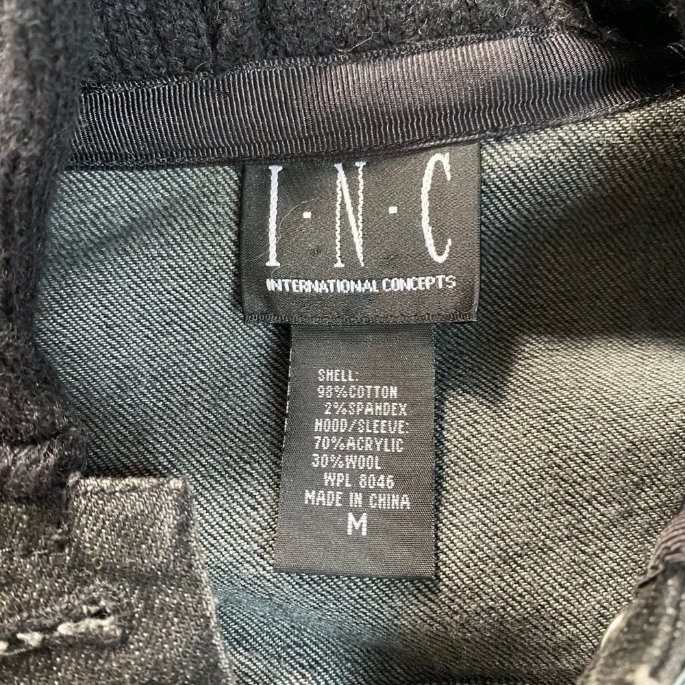 INC International Concepts Black Denim Jacket with Knit Hood and Cuffs S…